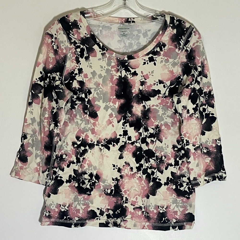 Madison‎ Organics Top Womens Medium Purple Floral Knit Stretch 3/4 Sleeve Casual